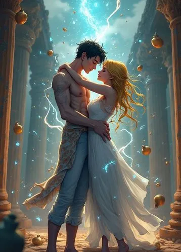 Un jeune homme androgyne, charismatique et magnétique, fusionne littéralement avec son âme sœur dans une étreinte surnaturelle. Leur peau semble faite de métal vivant, attirée l'une vers l'autre comme