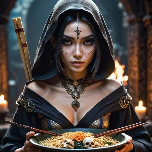 1girl, bare shoulders, bowl, chopsticks, food, indoors, jewelry, necklace, noodles, off shoulder, photo \(medium\), ramen, sitting, solo, striped,indian cuisine,indian chinese cuisine,jaya,basmati,ind