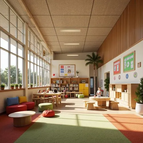 Vibrant elementary school, colorful lockers, wooden classroom furniture, soft carpeted floors, acoustic ceiling tiles, natural stone walls, large windows, abundant daylight, eco-friendly materials, su