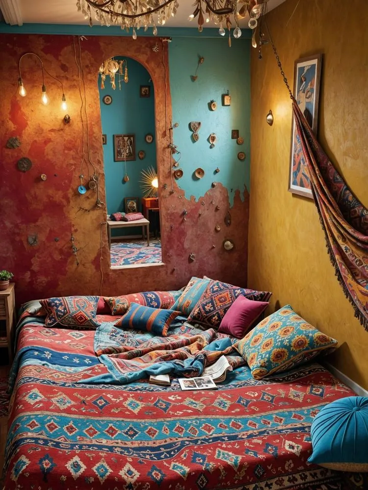 a bed in a bedroom that has a hanging tapestry on it