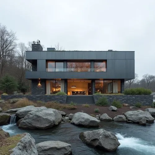  ,a modern house sitting above a mountain stream,house by the water,modern house,house with lake,house in the mountains,modern architecture,dreamhouse,beautiful home,house in mountains,cubic house,new