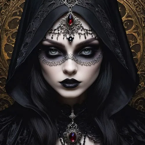 Design a gothic-inspired profile picture that exudes mystery and intrigue.,gothic portrait,gothic woman,gothic fashion,gothic style,gothic,dark gothic mood,sorceress,goth woman,priestess,vampire woman