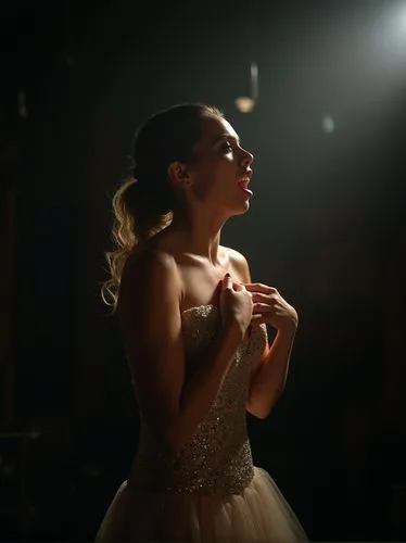A driven opera singer backstage moments before her performance, illuminated by a single, dramatic spotlight. She’s in her 30s, with intense, fiery eyes, hands clutched to her chest as she takes a deep