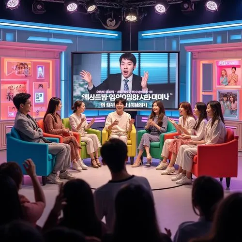 A lively and vibrant set of a Japanese or Korean talk show, designed with bright colors and playful decorations. The background features large, bold graphics, neon lights, and thematic props, such as 