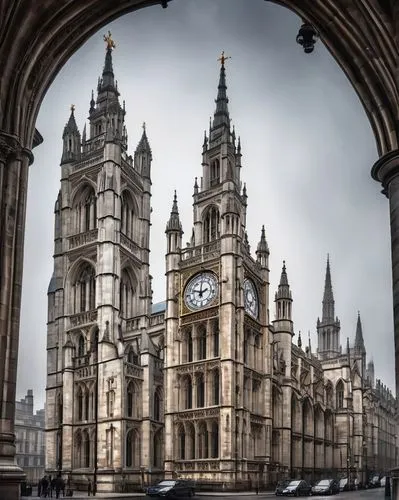 Gothic Revival architecture, grandiose stone building, pointed arches, ribbed vaults, flying buttresses, intricate stone carvings, stained glass windows, towering spires, majestic clock tower, ornate 