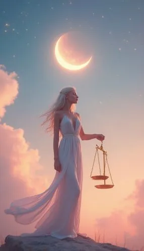 Libra goddess standing holding golden scales under a bright pastel color sky, annular solar eclipse new moon in progress, pastel colors, her dress fluttering in the breeze, sparkling, calm, hope, cele