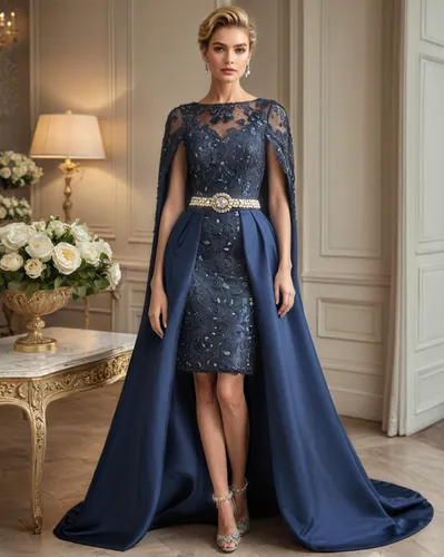 Make the woman more attractive and feminine by adding dark makeup. Preserve the patterns and improve the image quality.,a woman in a blue illusion dress with a sweep train,a floor-length dress,elegant