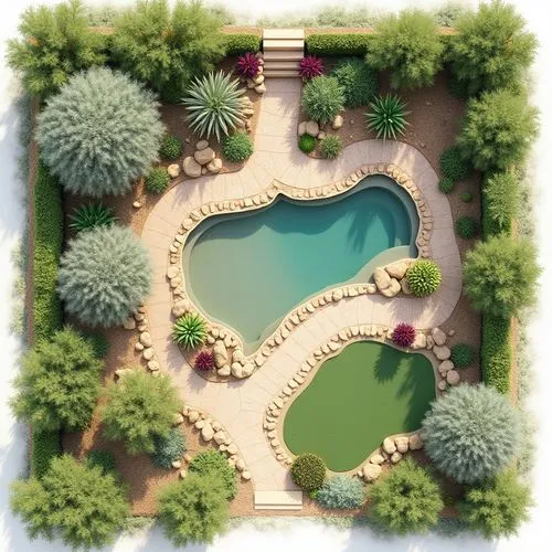 desert modern garden plan, inspired by smells and a smile


,an aerial view of a landscaped backyard, with small pools and patio furniture,swim ring,garden pond,outdoor pool,swimming pool,zen garden,j
