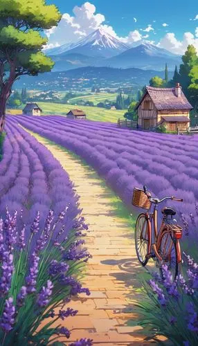 A charming French lavender field with a lone, rustic cottage and a bicycle leaning against a wooden fence.,a bike is parked outside a lavender farm,lavender field,lavender fields,floral bike,bicycle r