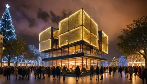 Christmas Architectural Fusion, Christmas party, fireworks, the street is decorated with Christmas lights, Christmas tree on the square,the crowd is outside of the large building on the street,elbphil