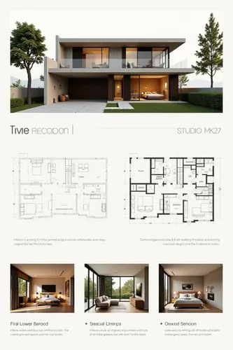 A professional architectural presentation board with a Pure background and a clean, minimalist design layout. The board includes:

Top Section: On the top left, a photorealistic render of a contempora