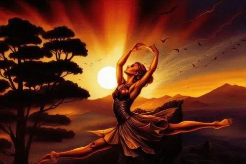 painting by john melus of a woman dancing in the sunset,shamanic,celebration of witches,sun god,allegorical,shamanism,dance of death,dusk background,fantasy picture,fire dancer,mythological,sorceress,