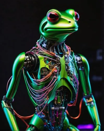 Kermit AI Cover, futuristic, robotic frog, shiny metallic body, green glowing eyes, advanced AI screen on chest, wires and circuits visible underneath transparent skin, sleek and modern sci-fi backgro