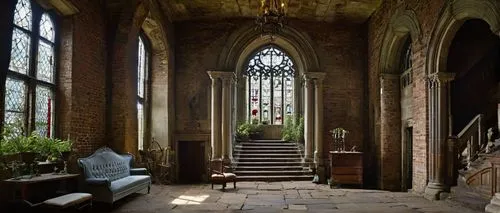 Durham style, architectural salvage, vintage, rustic, distressed wood, old brick walls, reclaimed materials, antique furniture, worn stone floors, grand staircase, ornate metalwork, stained glass wind