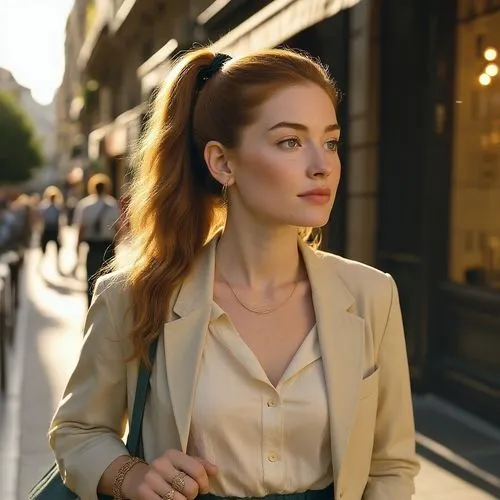 Alter the hairstyle to a high ponytail with some loose strands framing the face, maintaining the same color tone and lighting harmony.,a woman with long red hair walking down a street,woman walking,el