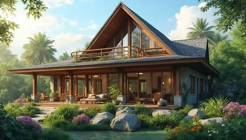 A beautiful one-story modern tropical house with a steep pointed roof, elegant wooden balcony, large glass windows, spacious veranda, natural stone walls, surrounded by lush green garden and colorful 