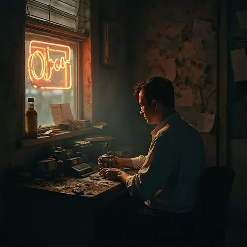 Within a decrepit apartment, illuminated solely by the flickering light of a malfunctioning neon sign outside the window, a man sits at a cluttered desk. Surrounded by obsolete electronics and stacks 
