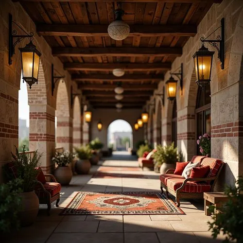 Renaissance-style market interior, ornate wooden beams, rustic stone walls, distressed brick textures, vintage metal lanterns, rich velvet fabrics, intricate mosaic patterns, warm golden lighting, sof