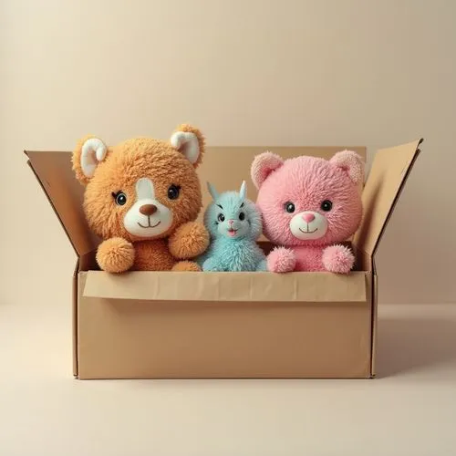 plush toy idea,three stuffed teddy bears are sitting in an open cardboard box,cuddly toys,toy box,stuff toys,plush toys,stuffed toys,stuffed animals,baby toys,soft toys,plush figures,children toys,woo