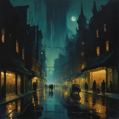 night scene,evening atmosphere,nocturnes,gas lamp,blind alley,moonlit night,atmospheric,city scape,lamplighter,street lights,blue rain,street lamps,rainstorm,world digital painting,rome night,light of