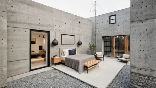 dog sleeping on bench,modern bedroom with cement walls and furniture,exposed concrete,concrete ceiling,cement wall,concrete construction,cubic house,breuer,Unique,Design,Blueprint