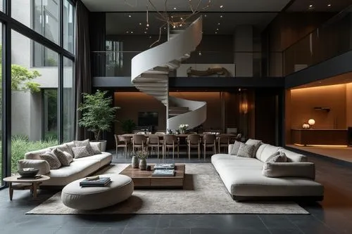 Italian Modern interior design in the style of aesthetics, Poliform Furniture style，Premium and Luxury， Exquisite, modern， large windows， The living room is adorned with elegant sofa sets, Large space