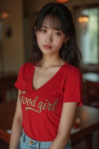 A 27-year-old Asian woman of Chinese descent. She has bangs and a sweet face. Athletic and fit, she has a very feminine top curves. She has pretty ear piercings.

She wears a red deep V-neck t-shirt w