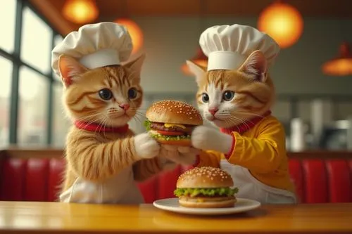 A mcdonald's restaurant interior shot run by anthropomorphic cute little cats wearing mcdonald's chef themed kitchen clothes, serving cheeseburgers all in wes anderson cinematography.,a couple of cats