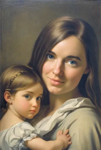 Five year old blonde daughter with a young brunette mother. Image in the style of Diego Rodriguez de Silva Velazquez.,mother with child,child portrait,little girl and mother,capricorn mother and child