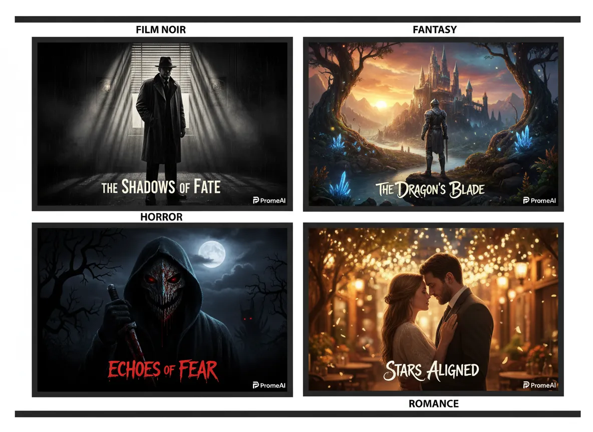 Eine Galerie mit vier Plakat-Vorschaubildern, jedes mit einem anderen Beleuchtungsstil: Film Noir, Fantasy, Horror und Romantik, alle mit PromeAI generiert.