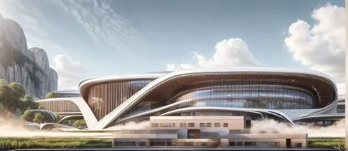 there are many buildings that are in the distance,futuristic architecture,futuristic art museum,arcology,futuristic landscape,safdie,ordos,sky space concept,oscorp,lexcorp,masdar,skylon,esteqlal,morph