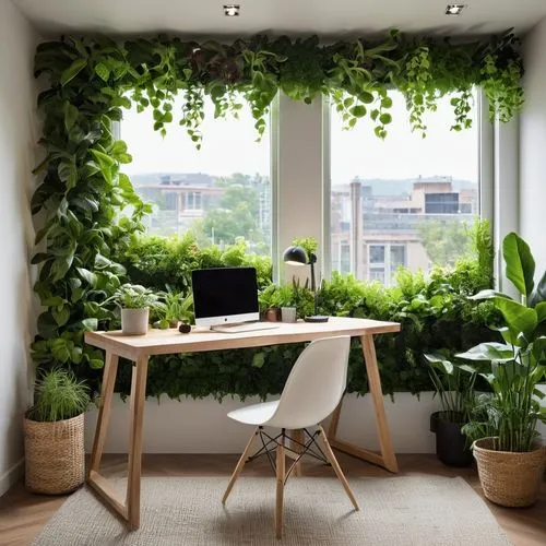 The space should feature large windows that allow ample natural light to flow in, creating a warm and soft illumination throughout. Include a variety of plants in different sizes, such as a mix of lar