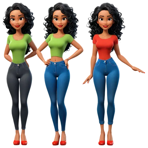 Create only high resolution images, pixar 3d, 4k, character sheet style, like a paper doll, A pose style. She must be wearing ripped denim leggings and a tight blue t-shirt with a deep collar. On her 
