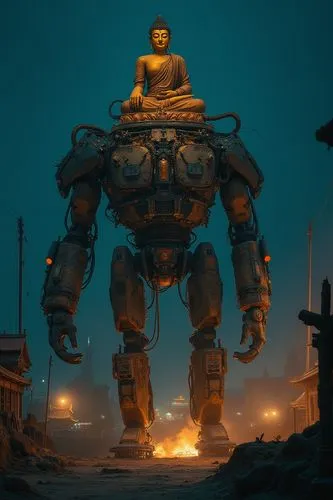 In the pitch-black night, a desert-covered wasteland city. heavily armored robot with a massive Buddha statue on top, its body composed of temple architecture, corridors, pagodas, and mechanical parts