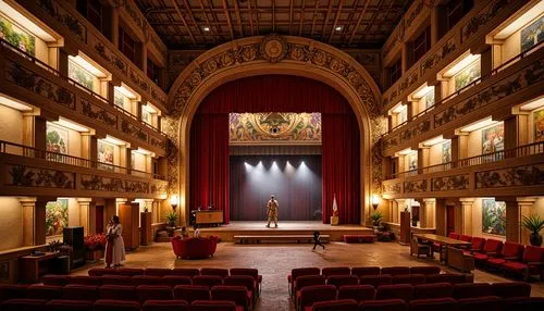 Traditional cultural heritage, ornate wooden carvings, curved tile roofs, grand entrance archways, vibrant colorful murals, intricate stone inlays, natural stonewalls, earthy tone buildings, asymmetri