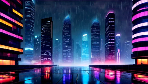 Dark, mysterious background, abstract shapes, swirling vortex, misty atmosphere, subtle glow, neon lights, cityscape at night, towering skyscrapers, rainy night, reflective windows, wet pavement, dram
