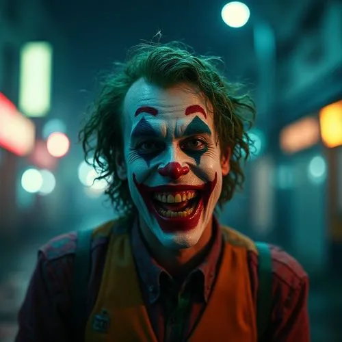 "Un primer plano del Joker, con una expresión maniaca mientras mira directamente a la cámara y se ríe a carcajadas. Su rostro está iluminado por una luz tenue y dramática, resaltando su piel blanca, l