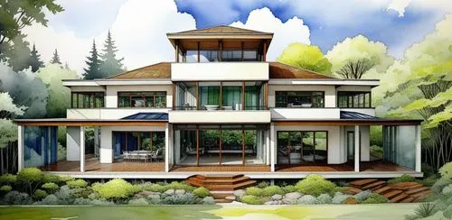 a white and wooden house with lots of windows,house in the forest,frame house,forest house,tropical house,house painting,chalet