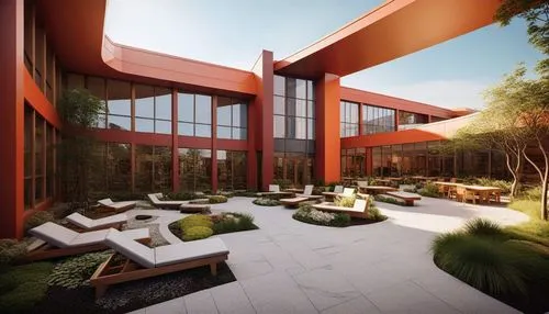 an artist's impression of a large courtyard with lawn, benches, and tables,render,courtyard,courtyards,renders,lofts,roof garden,landscaped,penthouses,roof terrace,school design,modern house,interior 