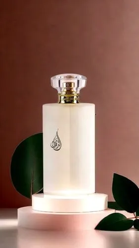 a white bottle with a gold cap and a green leaf,coconut perfume,perfume bottle silhouette,perfume bottle,scent of jasmine,fragrance,creating perfume,colognes,perfumery,natural perfume,perfumer,perfume