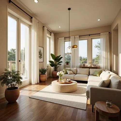 Warm beige walls, creamy white trim, rich walnut flooring, soft sage green accents, natural linen upholstery, earthy terracotta pots, warm golden lighting, subtle texture contrast, harmonious color ba