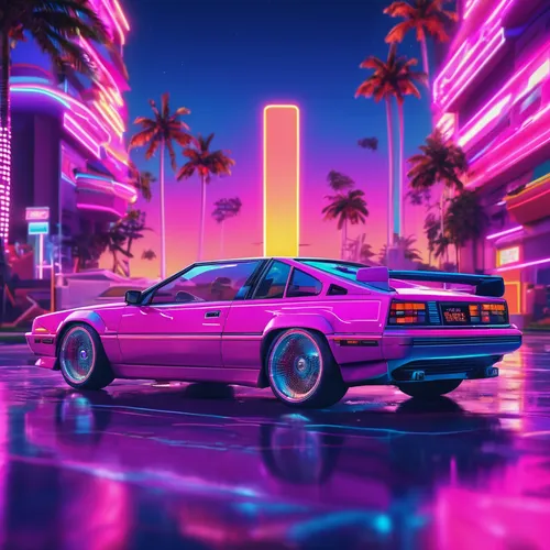 Capture the sleek lines and vibrant colors of luxury cars,toyota ae85,80s,80's design,nissan silvia,retro background,3d car wallpaper,aesthetic,retro,neon,retro styled,miami,abstract retro,electric,ne