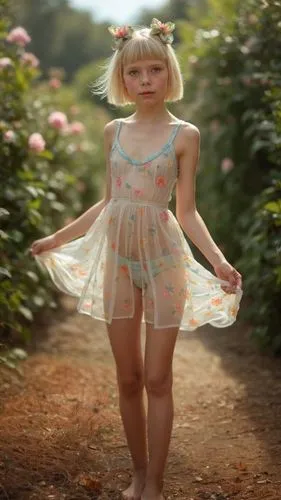 a beautiful blonde woman in a short dress walking down a path,little girl fairy,little girl in pink dress,garden fairy,girl in flowers,flower fairy,ballerina in the woods,doll dress,flower girl,fairy,