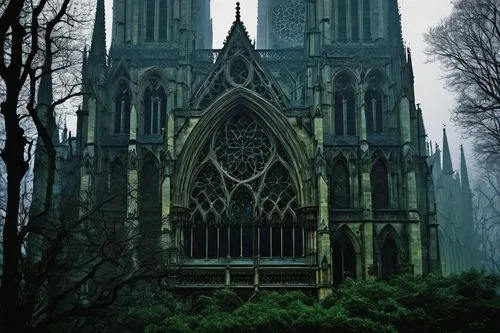 Gothic Revival architecture, grand cathedral, pointed arches, ribbed vaults, flying buttresses, stained glass windows, intricate stone carvings, gargoyles, spires, turrets, ornate details, mysterious 