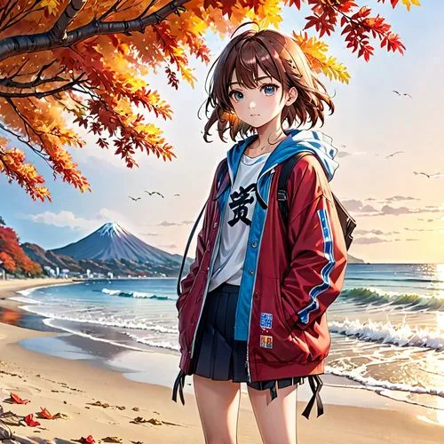 japanese style, manga, realistic,colors,autum,beach,a person standing on a sandy beach next to trees,kumiko,autumn background,beach background,suzumiya,autumns,beach scenery,Anime,Anime,General