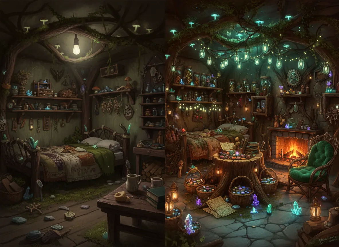 Confronto fianco a fianco tra un prompt semplice e uno dettagliato per una stanza Goblincore, che mostra un miglioramento dell'illuminazione e dell'atmosfera.