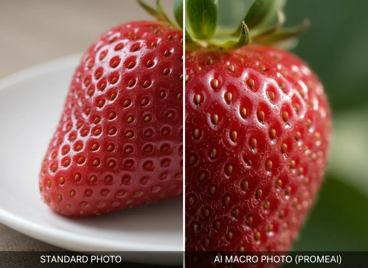 एक मानक तस्वीर की तुलना में PromeAI द्वारा बनाई गई मैक्रो शॉट, जिसमें फल के एक टुकड़े पर बेहतर विवरण और बनावट दिखाई गई है।