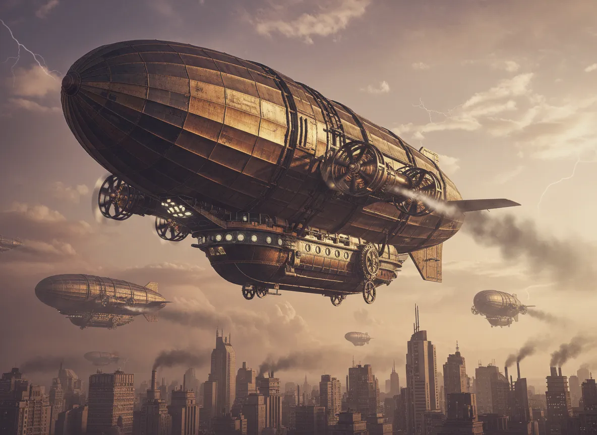 Eine Sammlung von KI-generierten Bildern, die verschiedene Dieselpunk-Konzepte zeigen, darunter einen Zeppelin, einen Soldaten und ein Poster im Propagandastil.