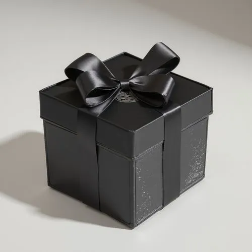 A sleek rectangular gift box with a matte black finish, sitting on a clean white surface. The box features a simple, embossed logo in silver foil at the center and is wrapped with a satin ribbon in a 