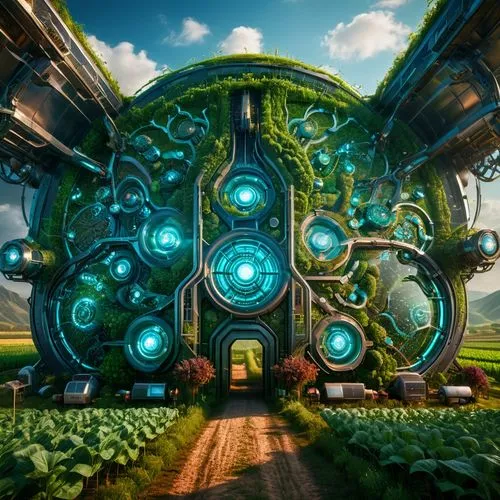 Futuristic Bio Energy Farm,apiarium,green garden,fractal environment,futuristic landscape,cyclocomputer,mushroom landscape,eco,mechanical,argus,portal,utopian,hub,greenhouse,regenerative,environment,j